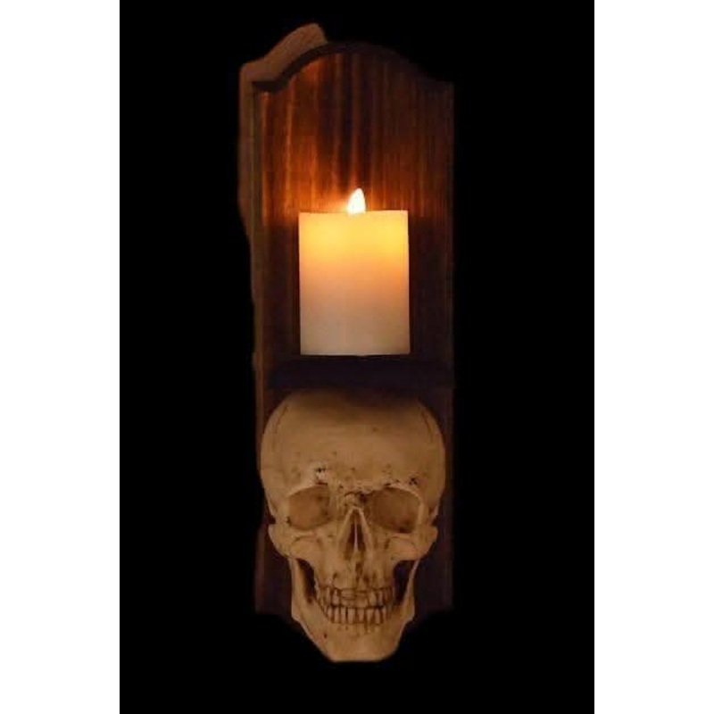 “Classic Skull Wall Sconce Style II w/ Ivory Flameless Candle” Haunted House Lighting
