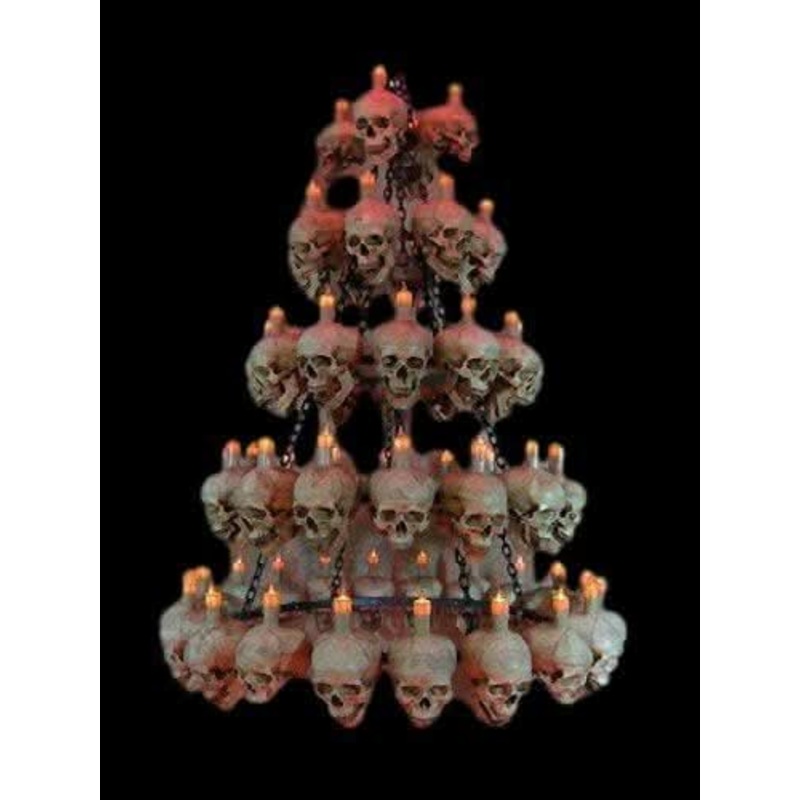 “Five-Tiered Life-Size Skull Chandelier with 60 Skulls” Haunted House Lighting