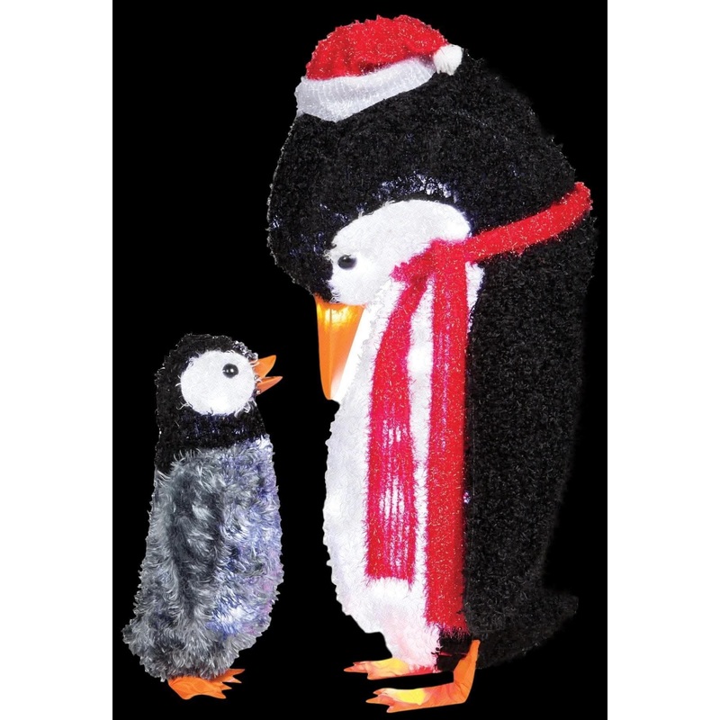 “Fuzzy Plush Mommy and Baby Penguin” Light Up Christmas Decoration