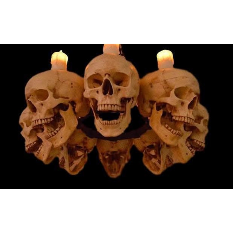 “Skull Chandelier with 8 Skulls and Flameless Candles” Haunted House Lighting
