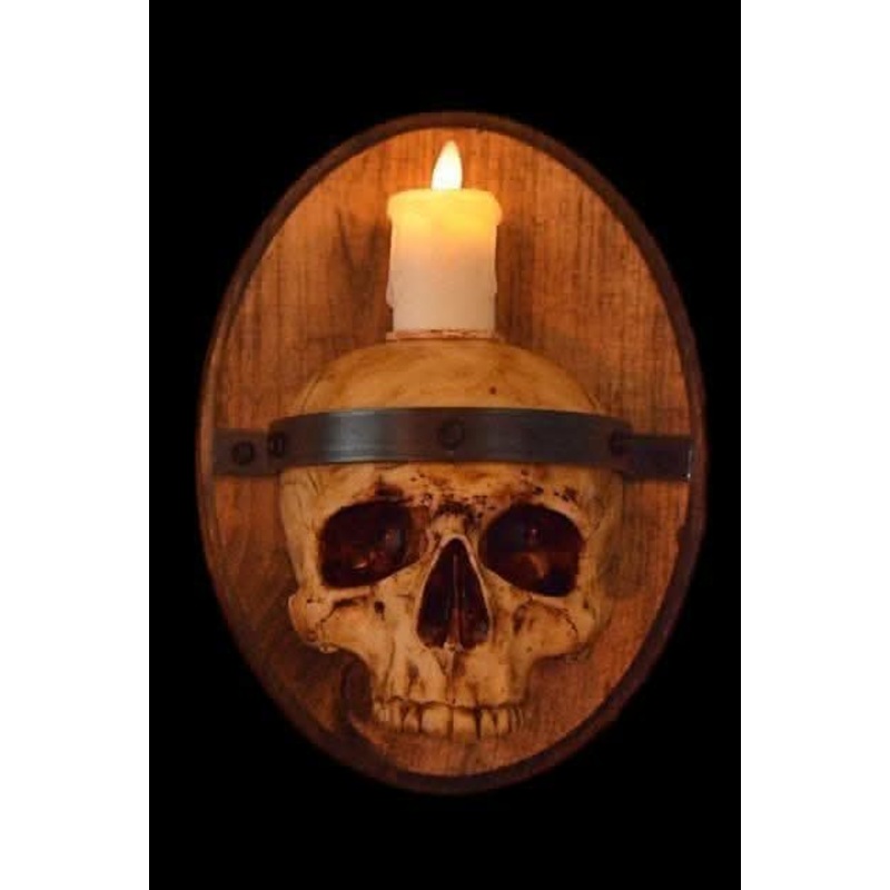 Skull Plaque Wood Sconce with Flameless Candle