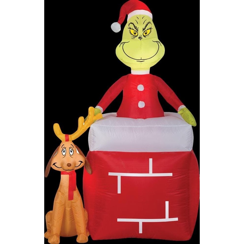 Airblown Grinch Out Of Chimney With Max Medume Inflatable Scene – Dr. Seuss