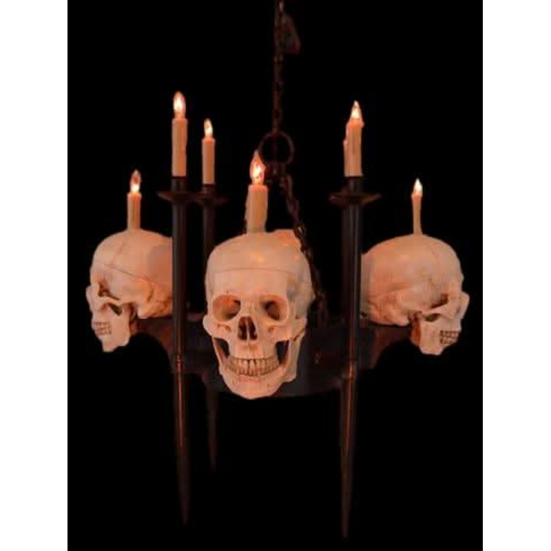 “Skull/Metal Chandelier with 4 Skulls & 8 Candles” Haunted House Lighting