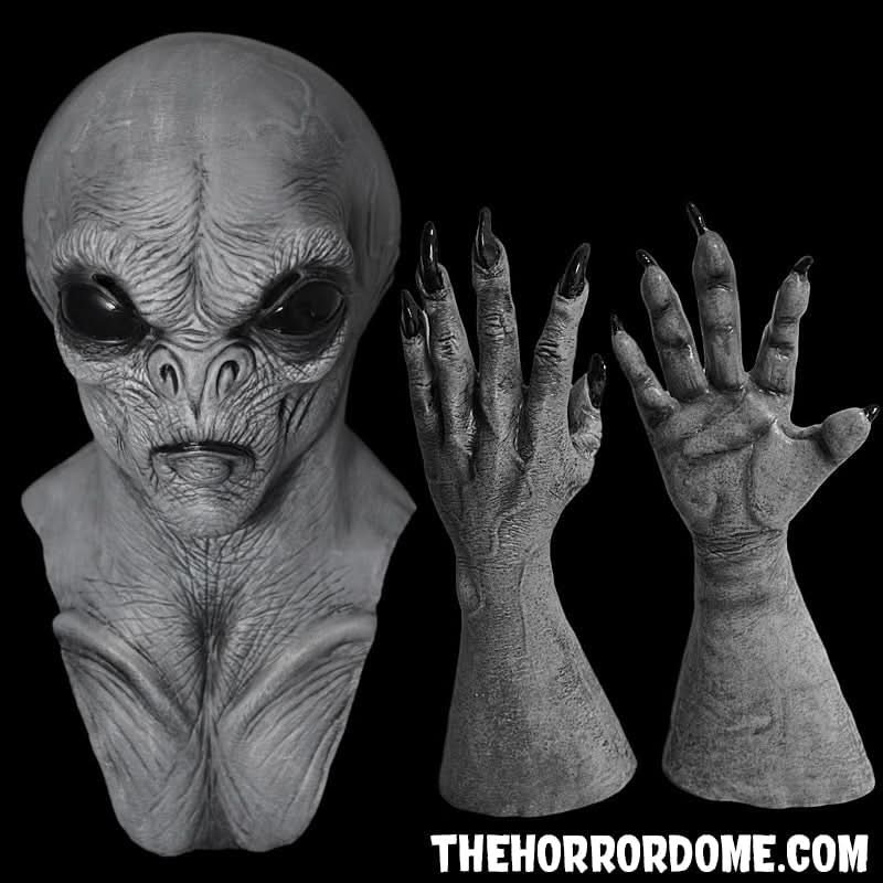 “Alien Grey Halloween Mask and Hand Set”