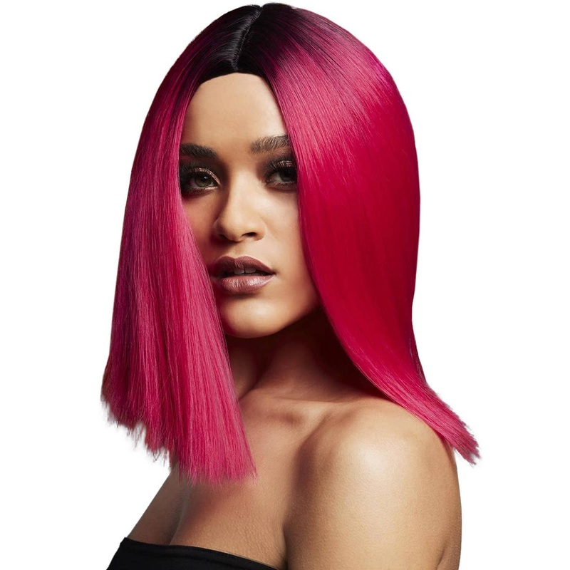 Blunt Cut Womens Magenta Pink Bob Wig with Dark Roots