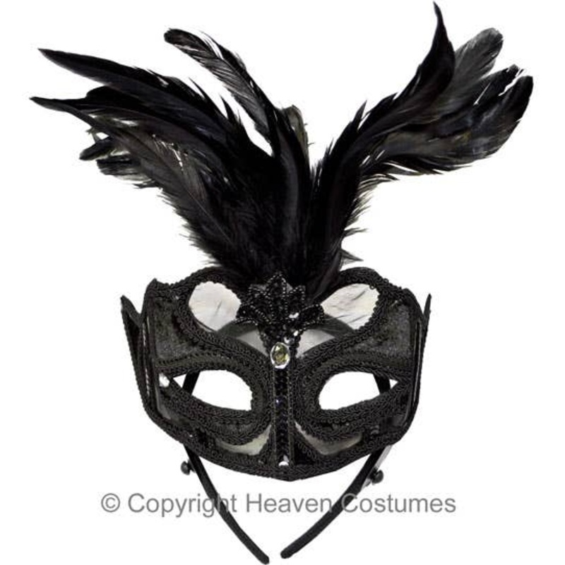 Luxury Black Mesh and Feather Masquerade Mask on Headband