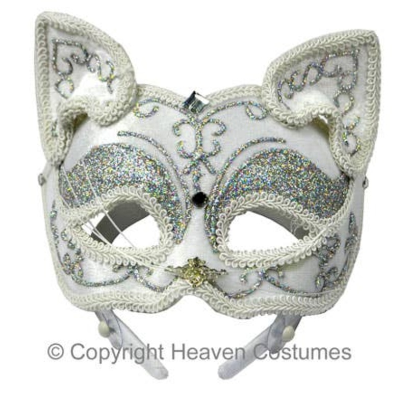 Luxury White Cat Face Womens Masquerade Mask on Headband