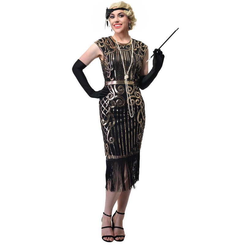 1920s Womens Long Black Flapper Dress with Gold Sequins Large