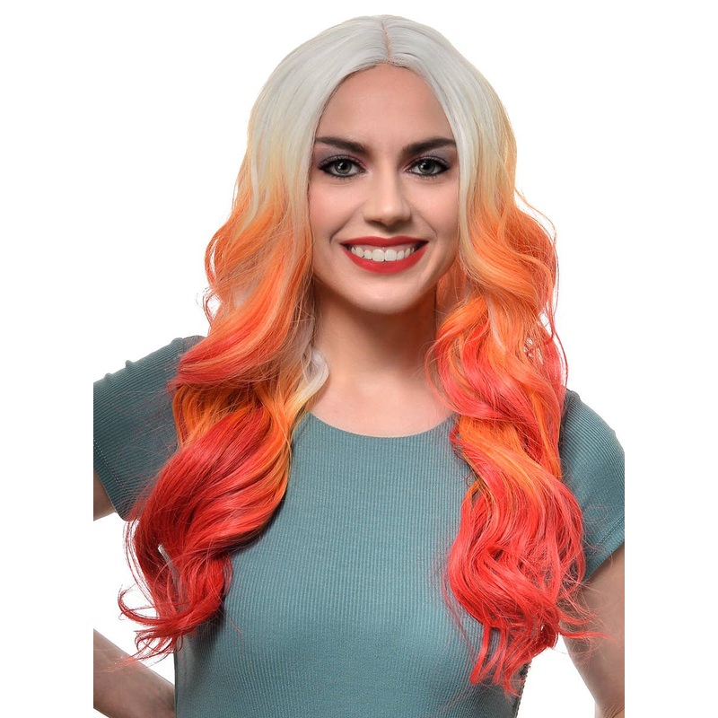 Fiery Red Ombre Long Wavy Synthetic Fashion Wig with Lace Part