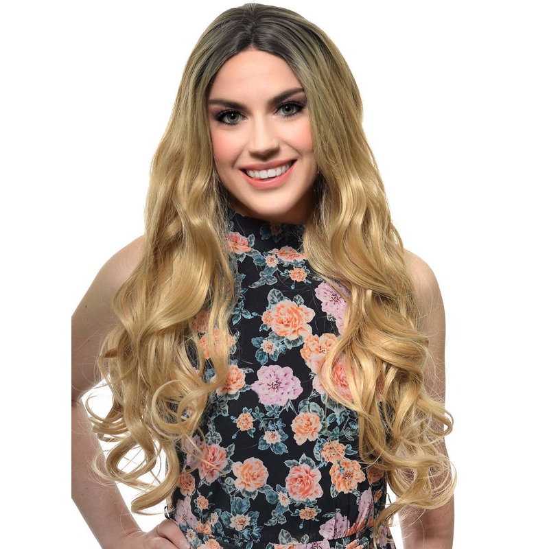 Golden Blonde Rooted Long Curly Lace Front Fashion Wig