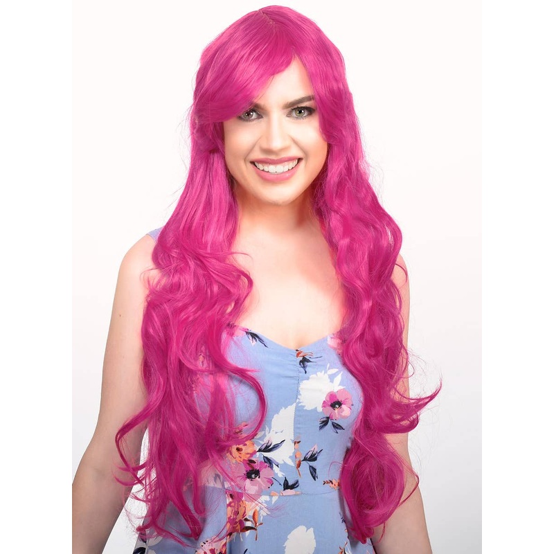 Rose Extra Long Curly Raspberry Pink Womens Costume Wig