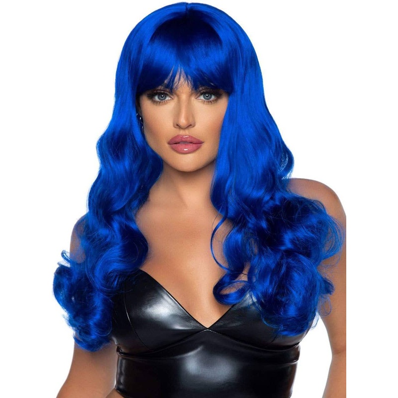 Royal Blue Long Curly Womens Costume Wig with Fringe