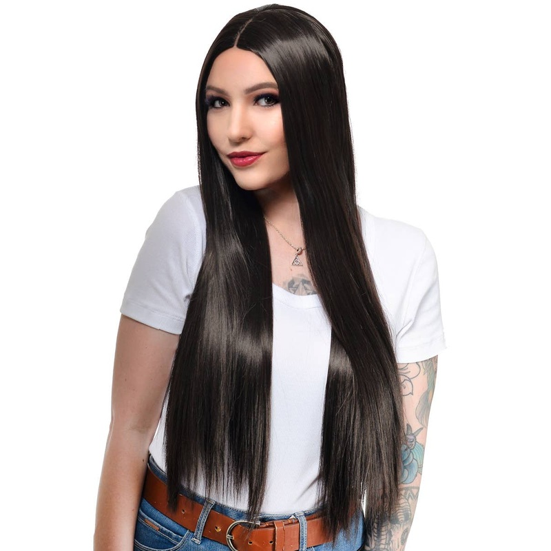 Very Dark Brown Long Straight Fashion Wig with Lace Part