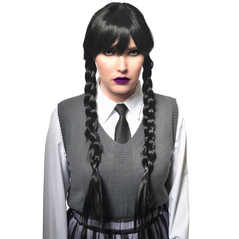 Wednesday Black Braided Womens Halloween Wig with Bangs