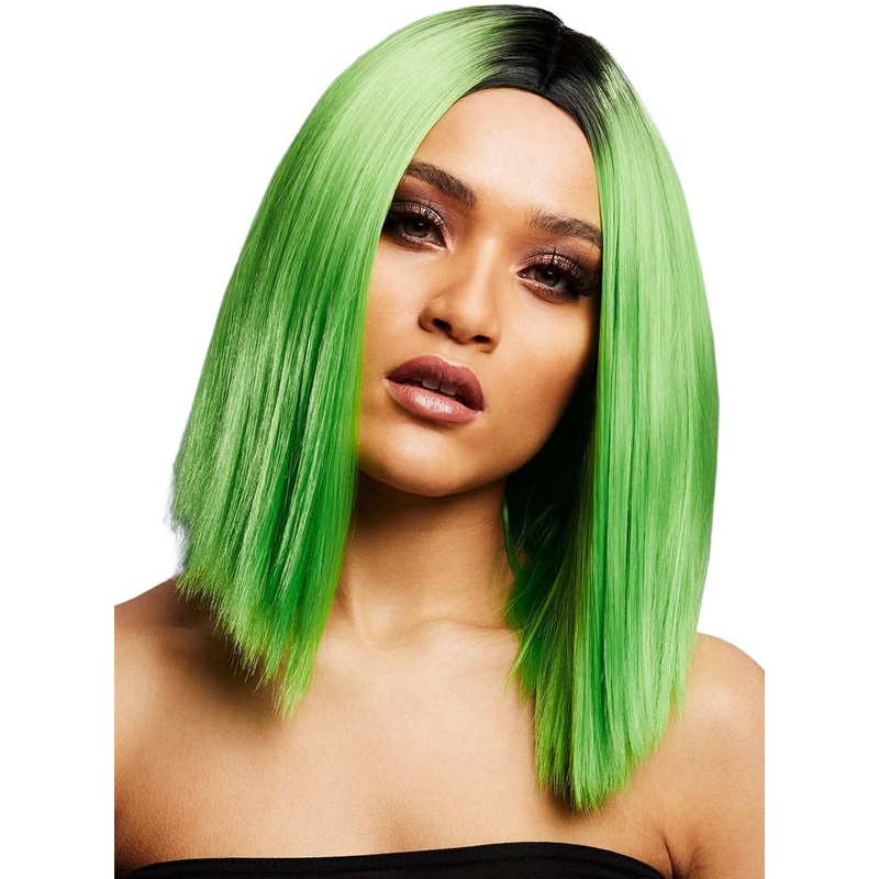 Blunt Cut Womens Lime Green Bob Wig with Dark Roots