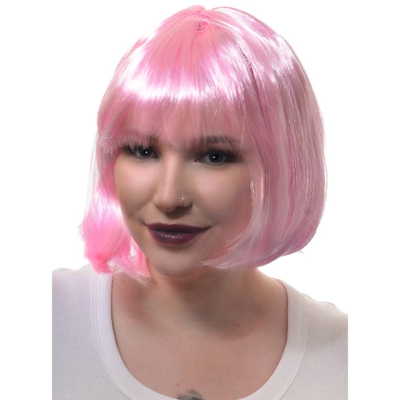 Short Womens Light Pink Bob Costume Wig with Fringe