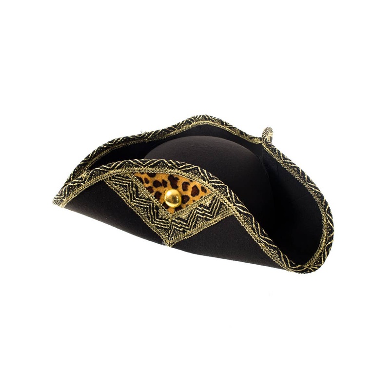 Black and Gold Pirate Tricorn Costume Hat with Leopard Print