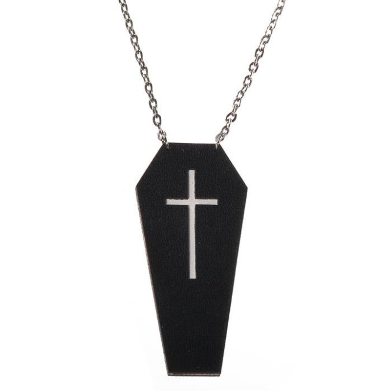 Black Leather Coffin with White Cross Halloween Necklace
