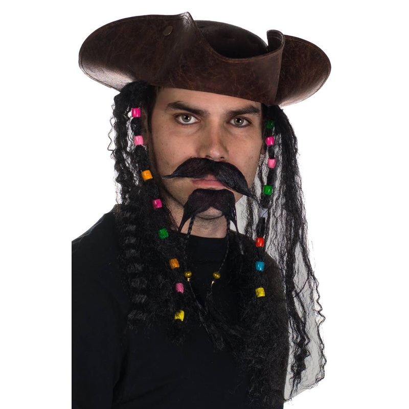 Leather Look Brown Tricorn Pirate Hat with Hair