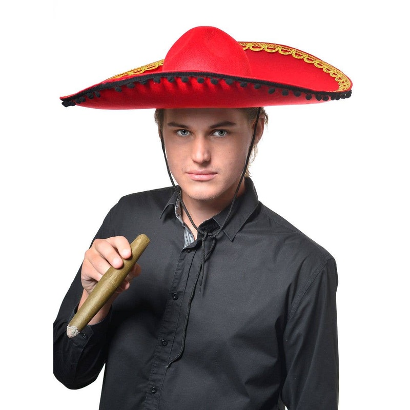 Large Red Sombrero Mexican Hat with Black Pom Poms