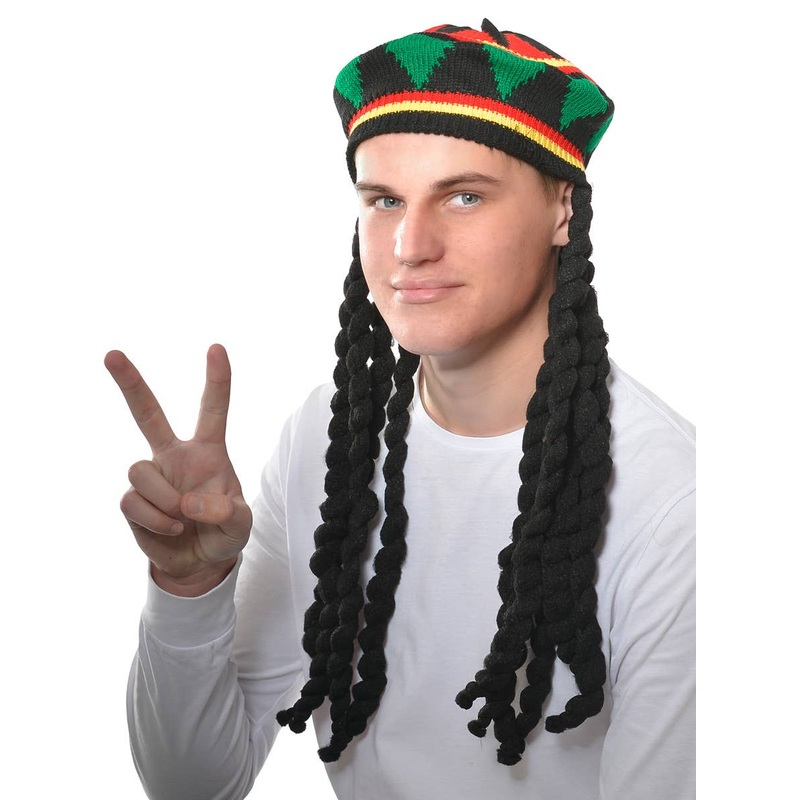 Knitted Adults Rasta Beanie with Black Dreadlocks