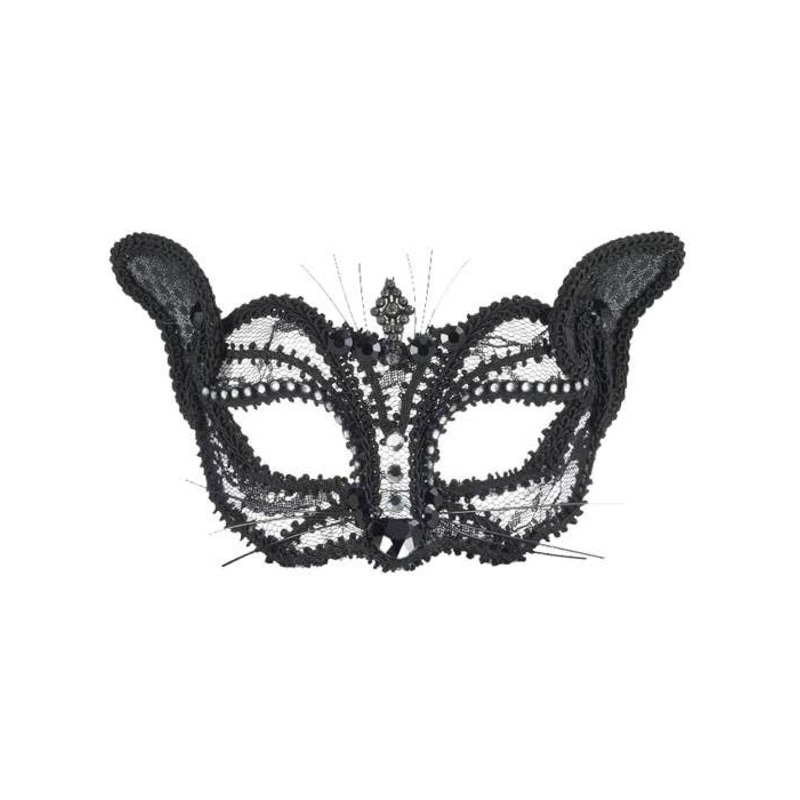 Lace Black Cat Masquerade Mask on Glasses Arms
