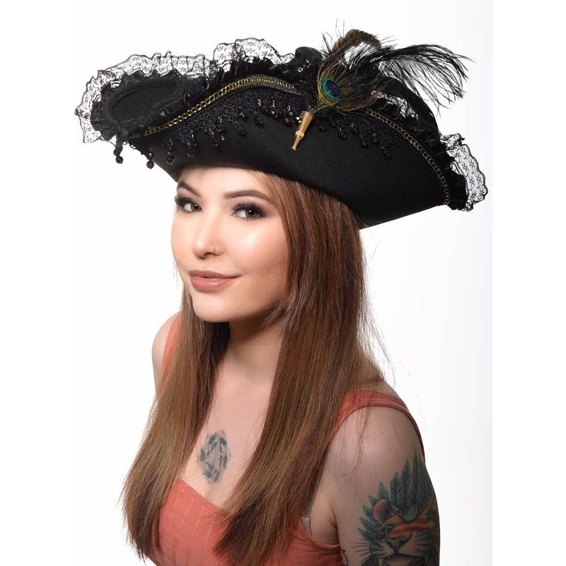 Lady Pirate Deluxe Black Costume Hat with Feathers
