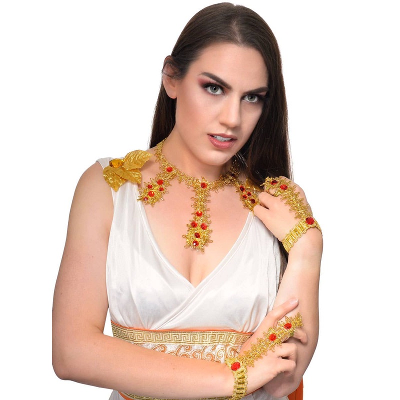Bollywood Gold Costume Necklace with Red Jewels