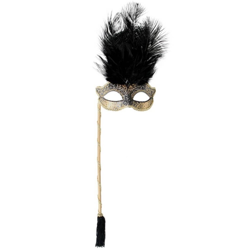 Josephine Black and Gold Masquerade Mask on Stick