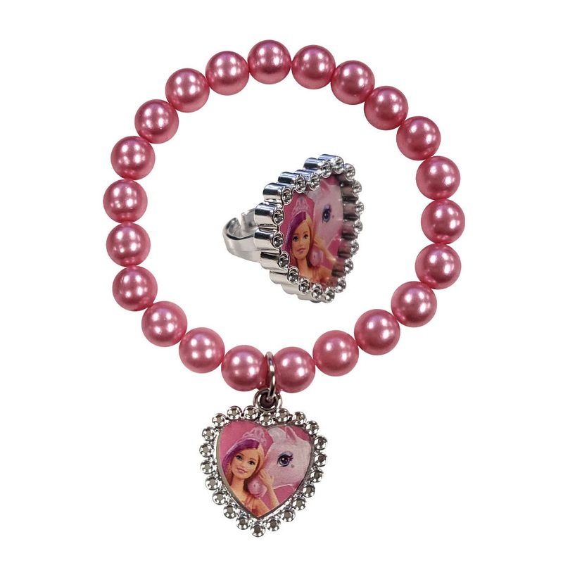 Beaded Pink Barbie Bracelet and Costume Ring Set