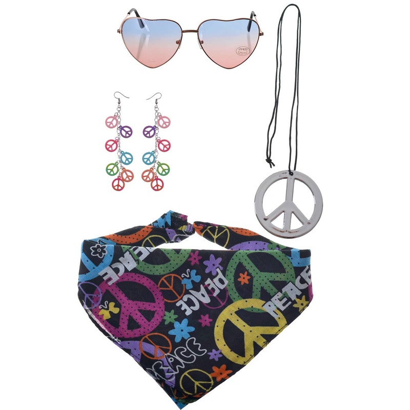 1970s Peace Sign Hippie Costume Accessory Set with Heart Glasses