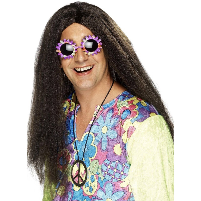 Crimped Long Black Mens 60s Hippie Wig