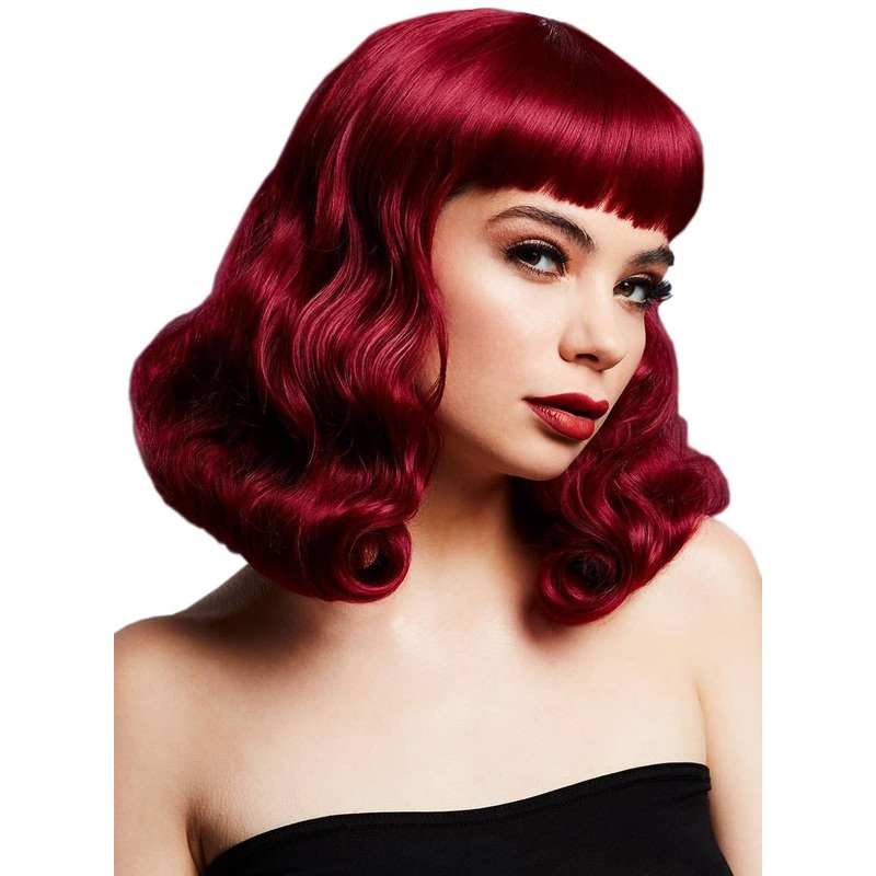 Deluxe Short Plum Red Bettie Womens Costume Wig with Fringe