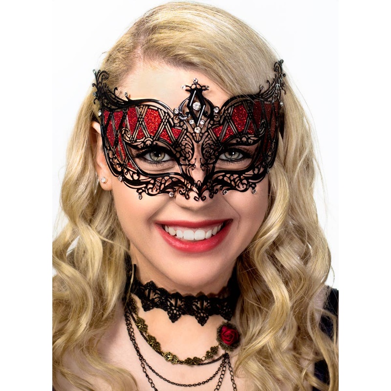 Harlequin Black and Red Deluxe Metal Masquerade Mask