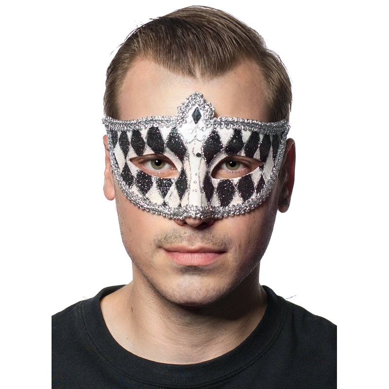 Harlequin Black and White Glitter Venetian Masquerade Mask