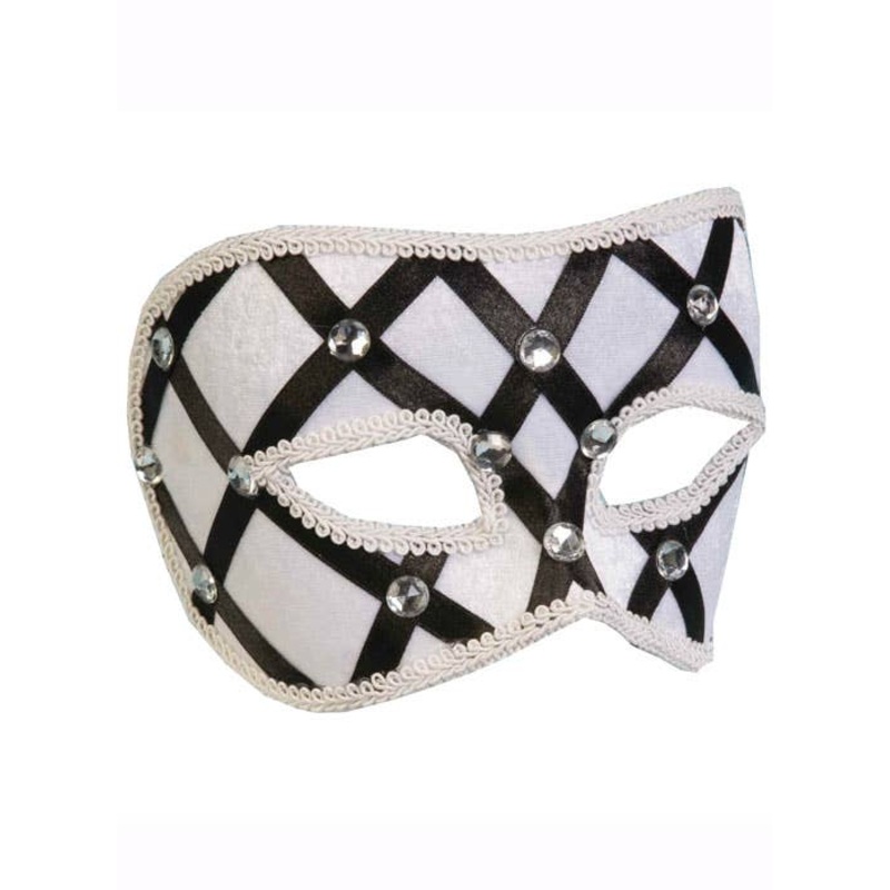 Harlequin Black and White Masquerade Mask on Headband