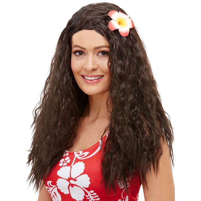 Hawaiian Flower Womens Curly Brown Costume Wig