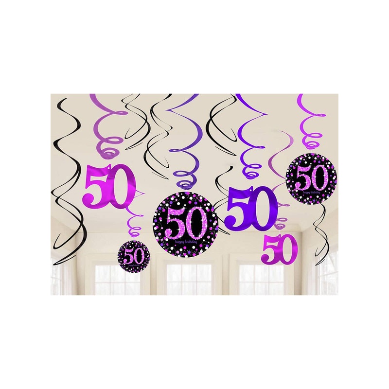 50th Birthday Pink and Black Hanging Spirals Decoration