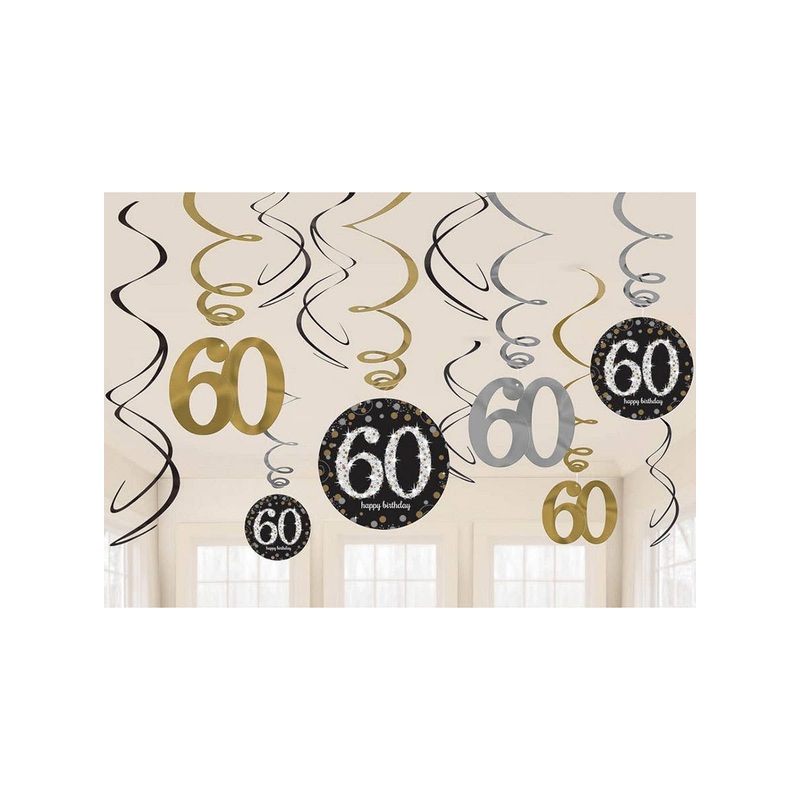 60th Birthday Black and Gold Hanging Spirals Decoration
