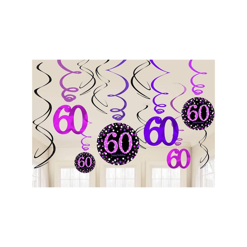 60th Birthday Black and Pink Hanging Spirals Decoration