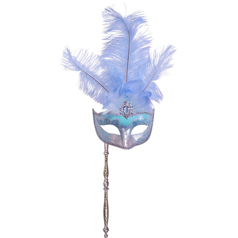 Hand-held Venetian Feather Light Blue Masquerade Mask