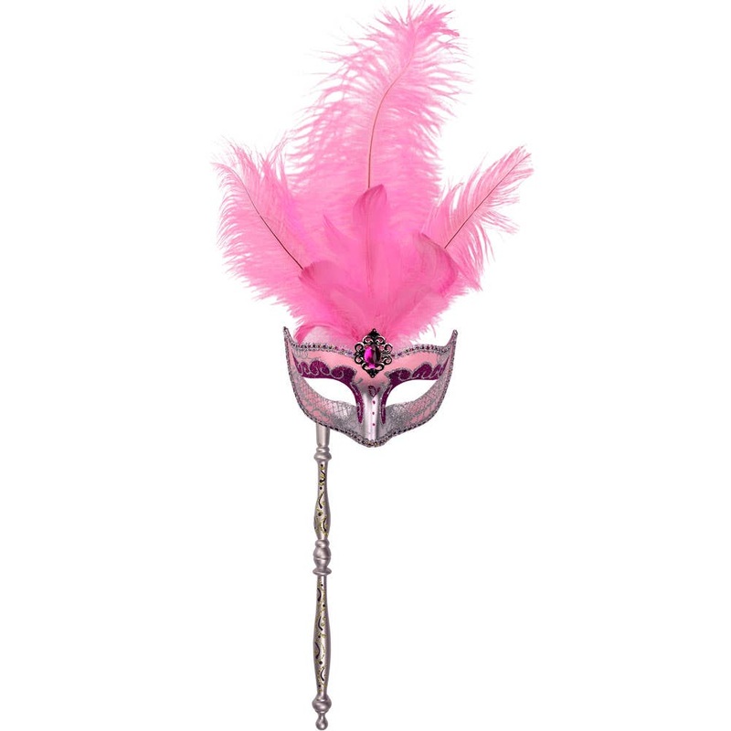 Hand-held Venetian Feather Pink Masquerade Mask