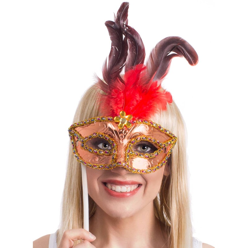 Handheld Red Feather Gold Masquerade Mask