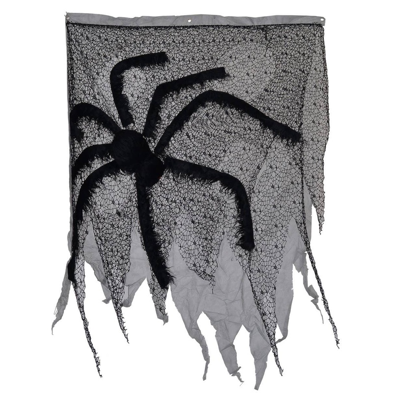 Tattered Door Cover with Giant Black Fake Spider Halloween Decoration