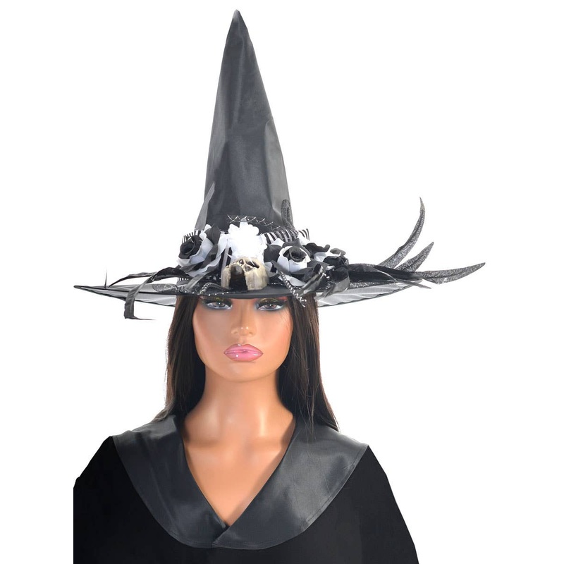 Deluxe Black and White Skull Witch Hat Halloween Accessory