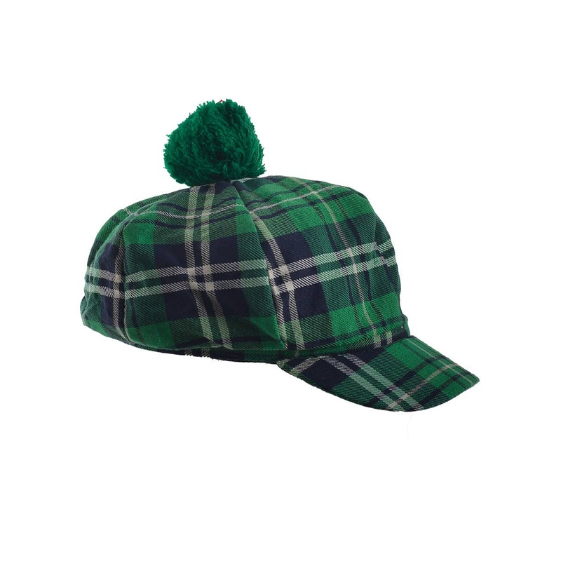 Irish Green Tartan Costume Hat with Pom Pom