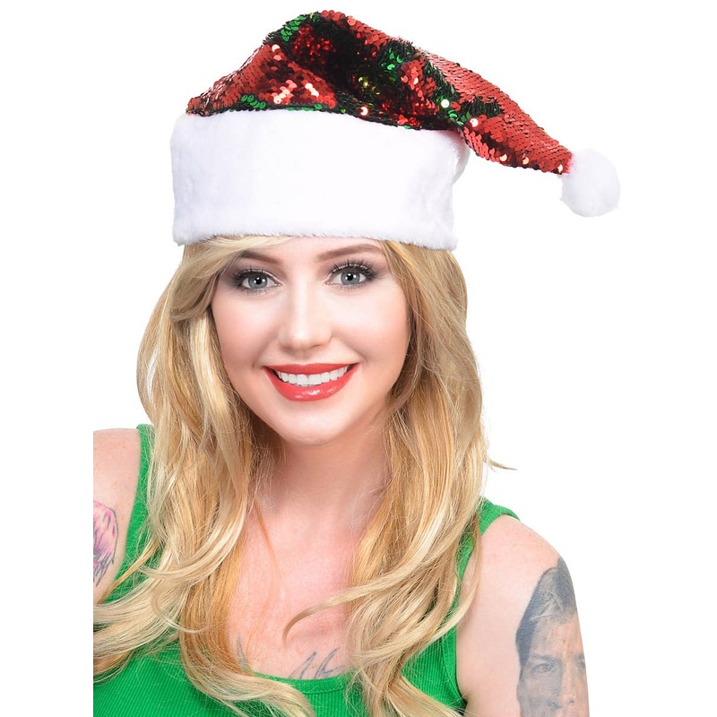 Reversible Sequins Santa Hat in Green and Red