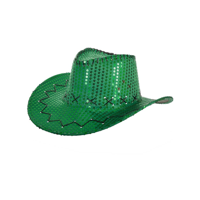 Sparkly Green Sequin Cowboy Festival Hat with Black Trim