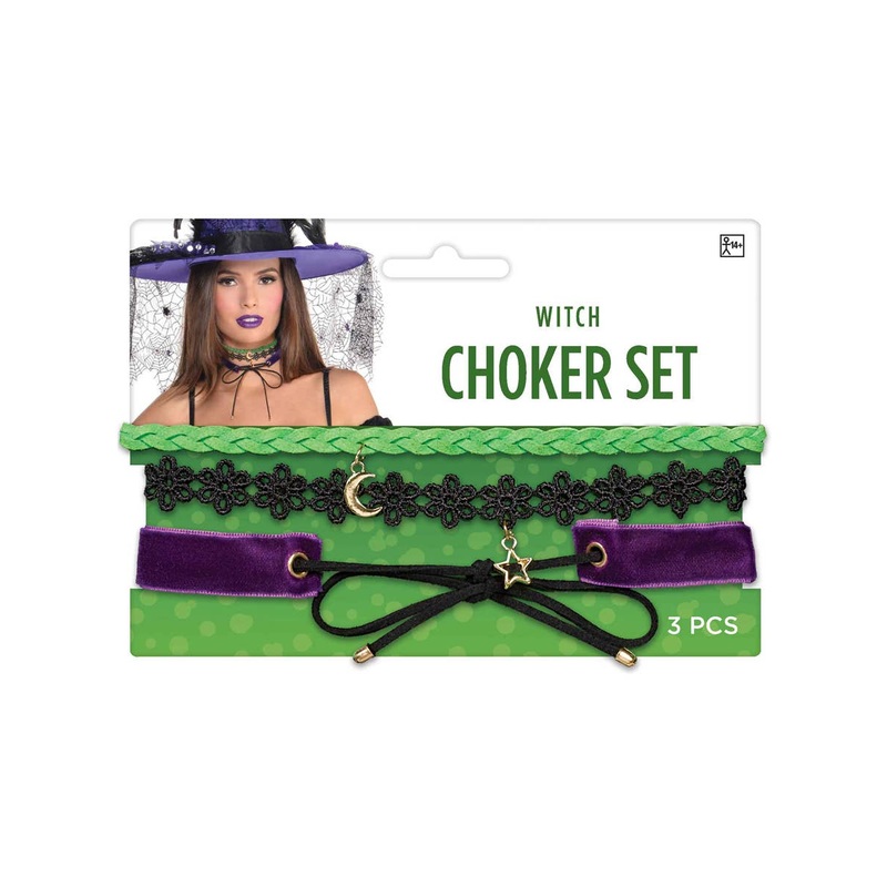 Witch 3 Piece Purple and Green Choker Necklace Set