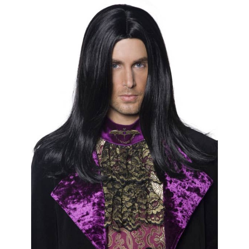 Gothic Count Mens Long Black Halloween Wig
